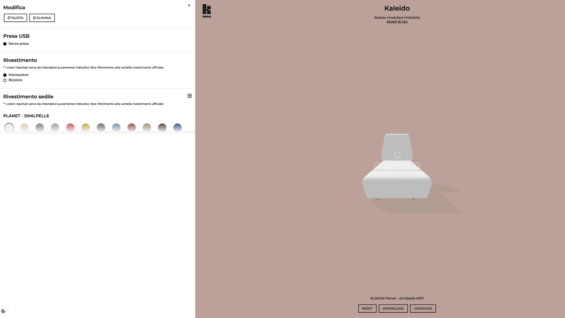 Configuratore user-friendly per divani modulari Kastel